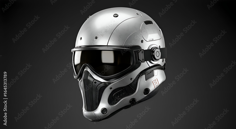 Fototapeta premium Futuristic silver helmet with dark accents in a studio setting. The helmet displays a sophisticated design with advanced features and is showcased against a dark backdrop.