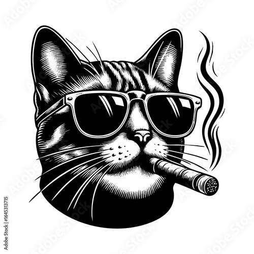 Detailed Engraving Style Illustration of Cat wear sunglasses and cigar in its mouth in Detailed Engraving Style Black and White. Isolated on transparent background. 