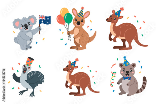 Australia animals party icons, koala kangaroo emu wombat vector, balloons confetti illustration, cute wildlife clipart, kids party design