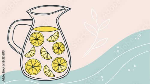 Lemonade pitcher illustration, refreshing summer drink with lemon slices, homemade lemonade recipe idea