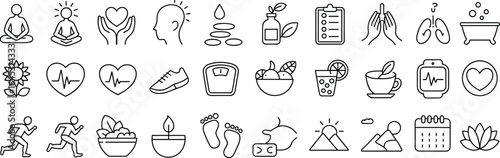 Wellness, fitness, and self-care icons set, perfect for health apps, spa branding, lifestyle blogs, mental health, and meditation content