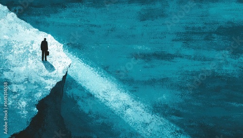 A solitary figure stands on a precipice above a vast body of water