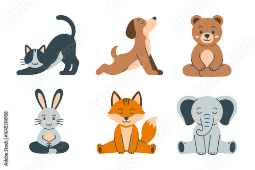 Yoga animals icon set, cat dog bear rabbit fox elephant vector, meditation and stretch pose illustration, mindfulness clipart, kids wellness design