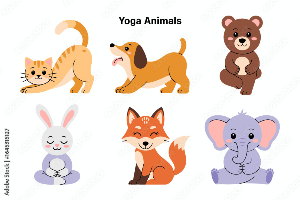 Fototapeta premium Yoga animals poster icons, cat dog bear rabbit fox elephant vector, balance and stretching pose illustration, fitness clipart, classroom mindfulness design
