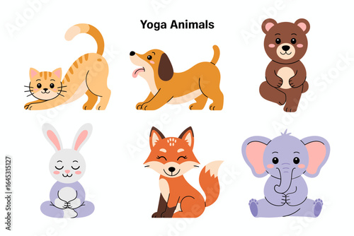 Yoga animals poster icons, cat dog bear rabbit fox elephant vector, balance and stretching pose illustration, fitness clipart, classroom mindfulness design