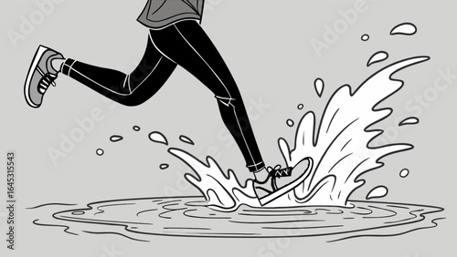Running in the rain puddle splash illustration for fitness and healthy lifestyle concept design element