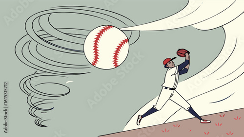 Baseball player catching a fast baseball with tornado wind in the background professional athlete