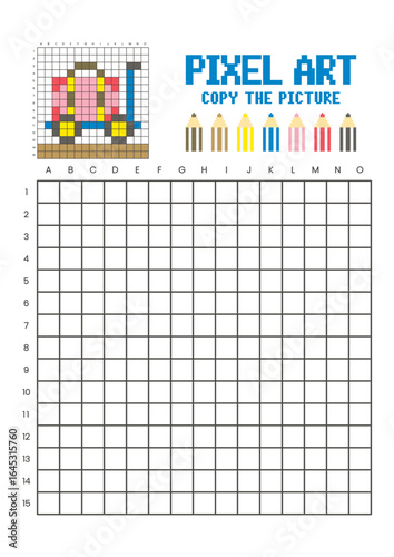 Copy the picture grid drawing worksheet for kids. Pixel art luggage cart and a suitcase