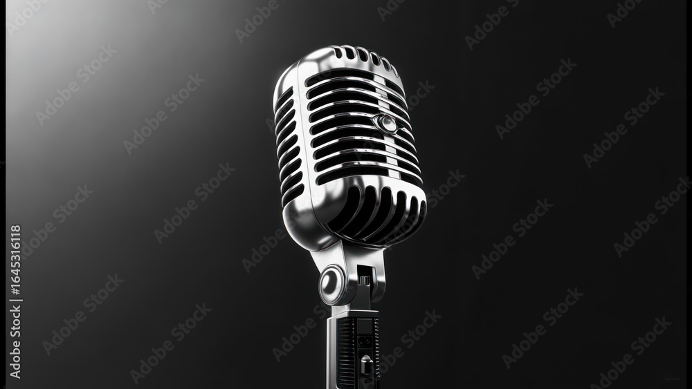 Fototapeta premium Close-up of a vintage microphone, gleaming chrome, dark backdrop, spotlight