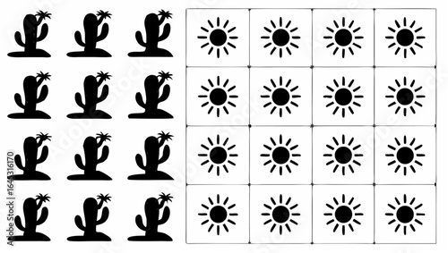 Pattern with cactus plants and sun icons arranged in a grid formation on a white background design