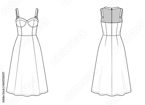Dress technical drawing, front and back view, fashion flat sketch, sweetheart neckline, pleated skirt, vector template
