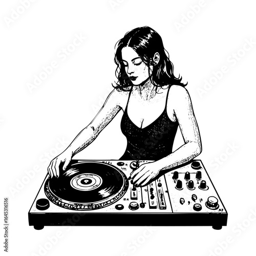 Antique engraved illustration of Pinup Woman dj ink sketch
