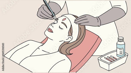 Illustration of woman receiving beauty treatment eyebrow shaping and facial skincare procedure clinic service