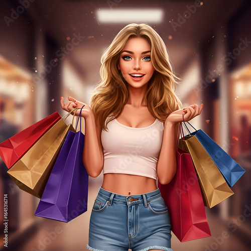 A young woman with blonde hair, wearing a white cropped tank top and light blue denim shorts, joyfully holds shopping bags in a shopping mall.