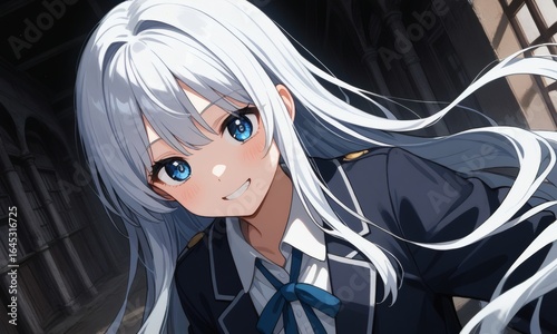 Captivating anime girl with flowing white hair and vivid blue eyes in stylish school uniform, portrayed in vibrant digital art — perfect for manga, character, and fantasy stock collections