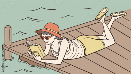 Woman reading book on dock summer vacation leisure lifestyle relaxation sunbathing by the water edge