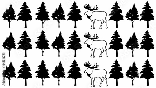Illustration of three rows of silhouette trees and moose in a repeating pattern design style