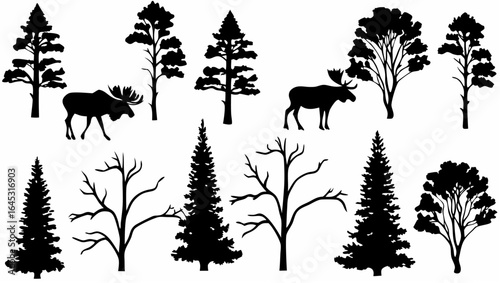Silhouette illustration of a forest with various trees and two moose in a monochrome design style