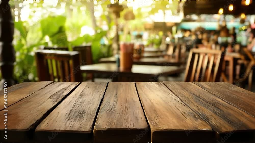empty outdoor wooden table in cafe garden with blurred green background for product placement 4k video