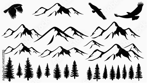 Black and white silhouette of mountains eagles and pine trees in a nature themed graphic design art piece