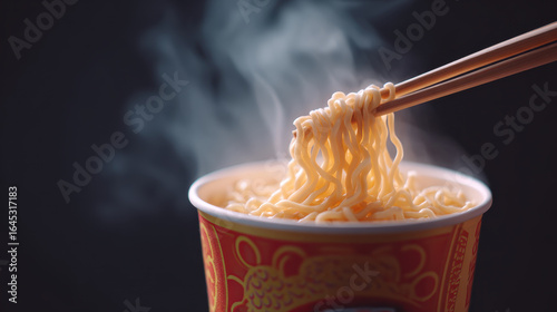 Ultra hot instant noodle cup with steam rising, process of eating fast food using chopsticks, delicious and convenient meal