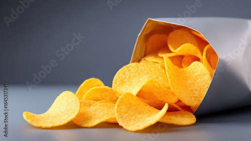 Crispy ultra thin potato chips spill from bag showing process of making popular salty snack food with golden color and appetizing look