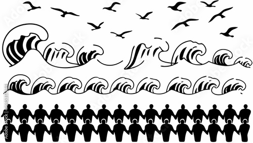Illustration of waves with birds flying above and people holding hands below the waves design