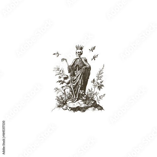 Engraving logo of a skeleton king wearing a crown and royal cloak, surrounded by flowers, leaves, and natural elements