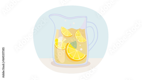 Refreshing summer lemonade pitcher illustration with lemon slices and ice for beverage concepts design