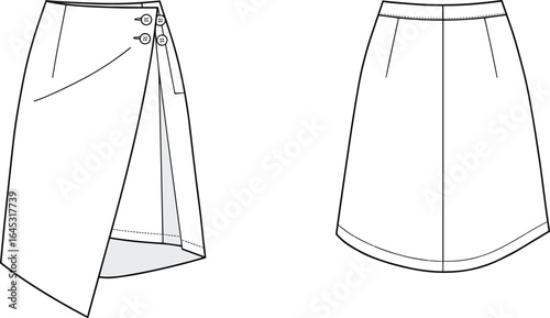 Skirt technical drawing, asymmetrical wrap skirt, A-line skirt design, fashion flat sketch, vector apparel template