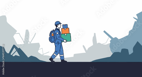Rescuer carrying supplies through disaster zone, delivering hope and aid to survivors in need