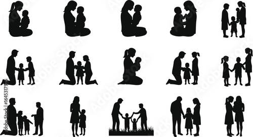 Parent and child silhouette vector, family bonding illustration, mom dad with kids, caring interaction, emotional parenting moment, love support, togetherness, childhood scene