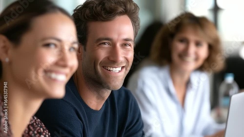 Wallpaper Mural Colleagues Sharing a Lighthearted Moment During a Team Meeting in a Modern Office. Workplace Collaboration, Friendly Atmosphere, Team Bonding, Positive Work Environment, Corporate Culture Torontodigital.ca