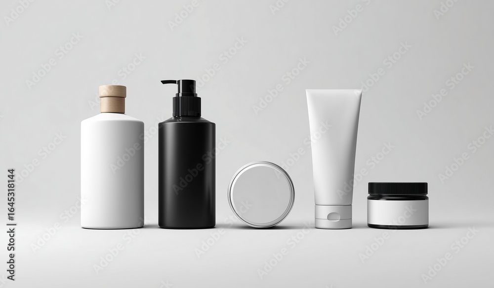 Minimalist black and white beauty product packaging mockup set on light gray background for modern skincare branding Minimalist black and white beauty product packaging mockup set on light gray background for modern skincare branding
