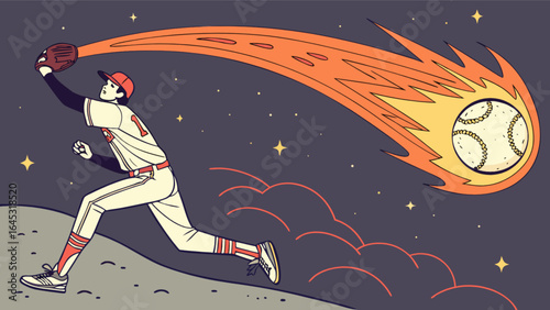 Baseball player catching a comet illustration in space with stars and fiery tail design art