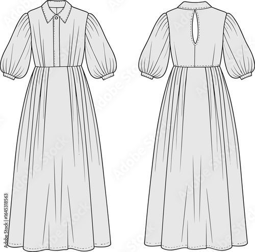 Women's maxi dress fashion flat, front and back technical sketch, long dress design, puff sleeves, collar detail, garment template, apparel illustration, clothing