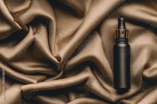 Dark bottle of serum on draped tan fabric