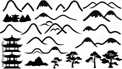 Silhouette illustration of mountains, trees, and a pagoda in a landscape scene design vector