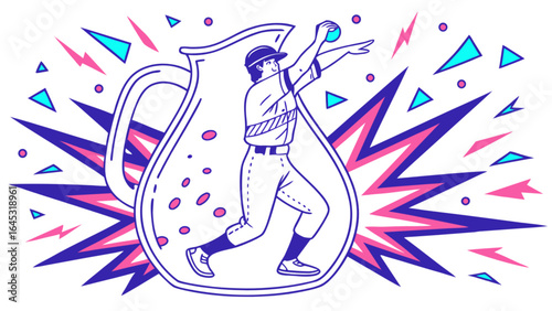 Baseball pitcher throwing ball inside pitcher of lemonade cartoon vector illustration design