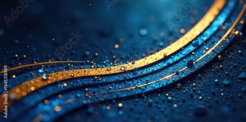 Abstract golden lines swirl on deep blue, silver shimmer , night, card, minimal