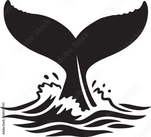 Whale tail fluke splashing water, Black and white ocean animal vector