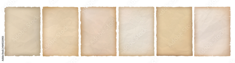 Fototapeta premium Torn papers collection with yellowed and stained texture. Vector pages with worn surfaces and visible creases, discoloration and ragged edges. History themes or aged document simulations