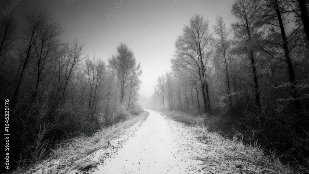 Obraz premium A snow-covered path winds through a dark, misty forest