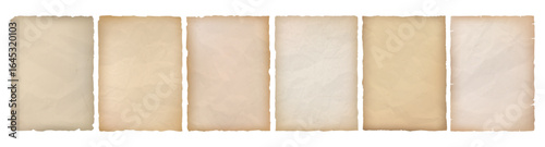 Torn papers collection with yellowed and stained texture. Vector pages with worn surfaces and visible creases, discoloration and ragged edges. History themes or aged document simulations