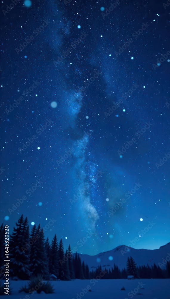 Naklejka premium Starry night sky, deep blue, sparkling snowflakes , heavenly, abstract, winter