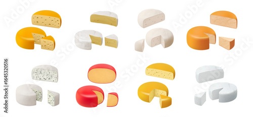 Wheels of cut and whole piece cheese. Vector realistic style, isolated set of traditional natural organic product. Farm produced tasty gouda or cheddar. Block of hard cheese delicatessen