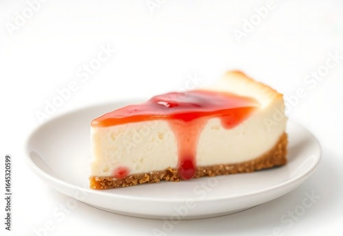 A single slice of classic cheesecake topped with a red strawberry glaze, served on a small white plate isolated on a white background.