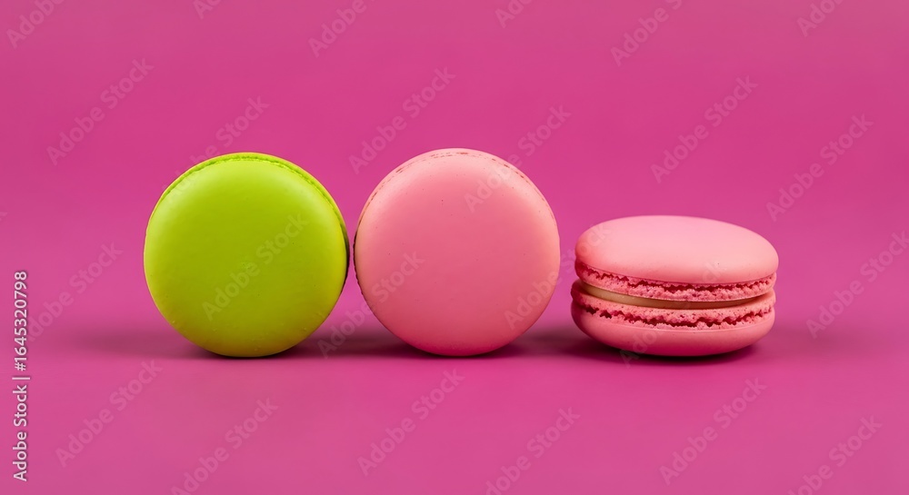 Obraz premium Colorful Macarons on a Vibrant Pink Background A Delightful Treat for Dessert Lovers and Food Bloggers