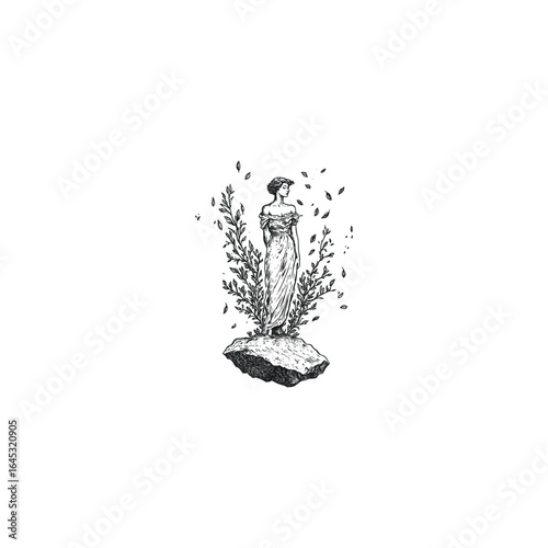 vintage engraving logo featuring an elegant woman standing on a rock, surrounded by floating leaves and branches