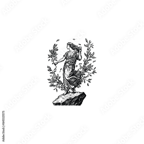 vintage engraving logo featuring an elegant woman standing on a rock, surrounded by floating leaves and branches